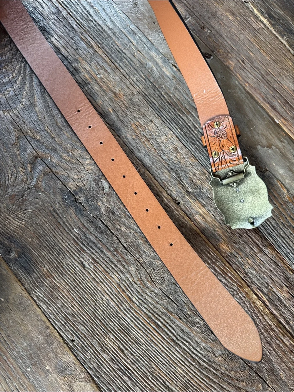 Retro style Faux leather tooled western rodeo belt with Gold Longhorn Buckle